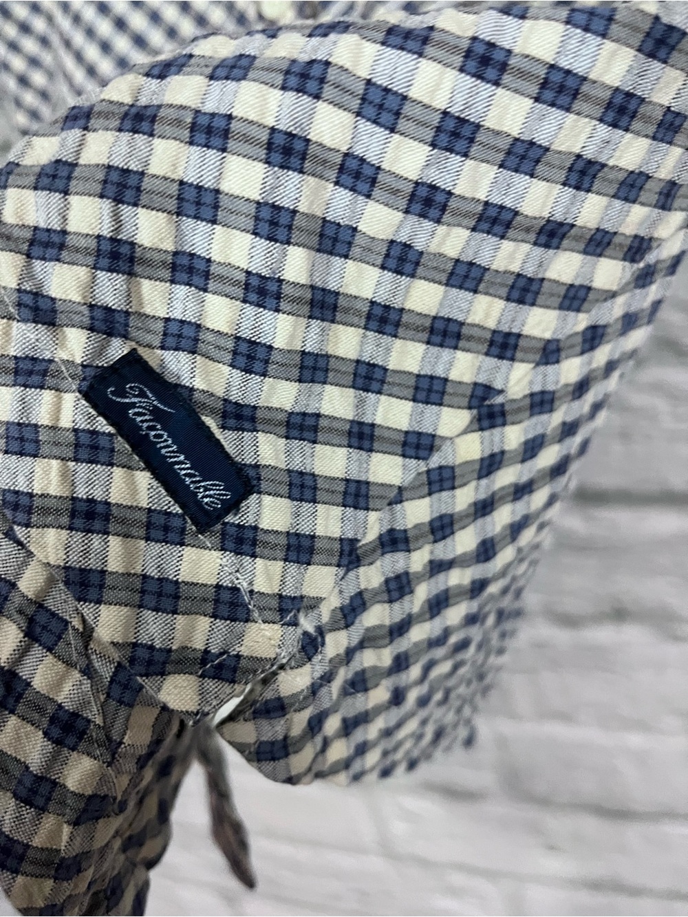 VTG Faconnable Size Small Blue & White Seersucker Plaid Button Up Collared Top - Picture 9 of 11